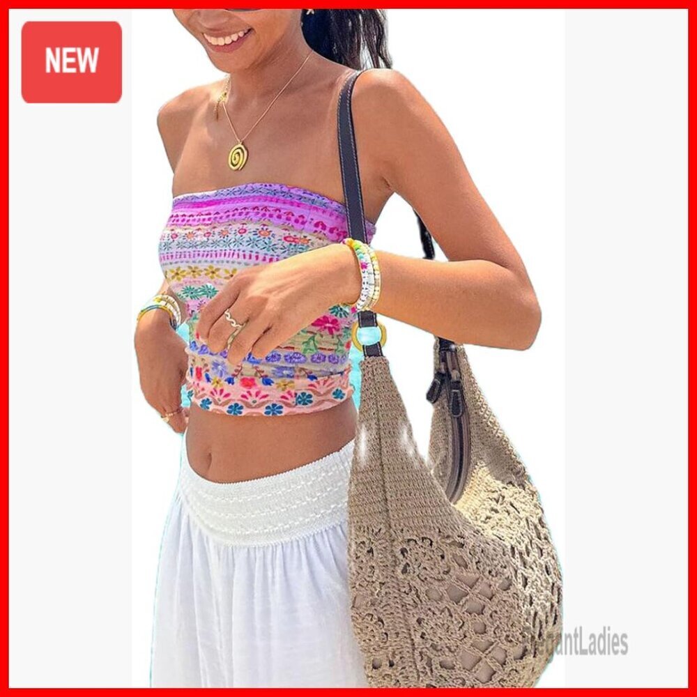 Strapless Backless Bandeau Crop Top Y2K Boho Floral Print Summer